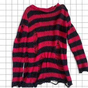 Striped Distressed Knit Sweater - Red & Black